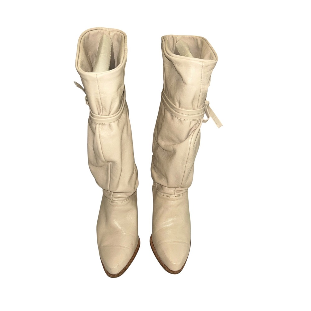 Dingo Vintage Cream Leather Slouch Boots Bow Tie Stacked Heel Pointed Toe Size 9 - Picture 4 of 12